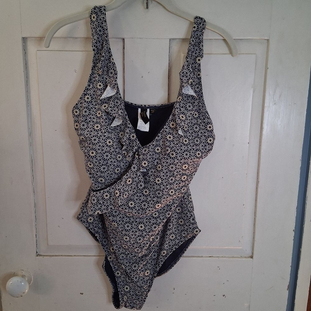 Niptuck Swim Navy Blue and White One Piece with Wrap Look Ruffled V-Neckline